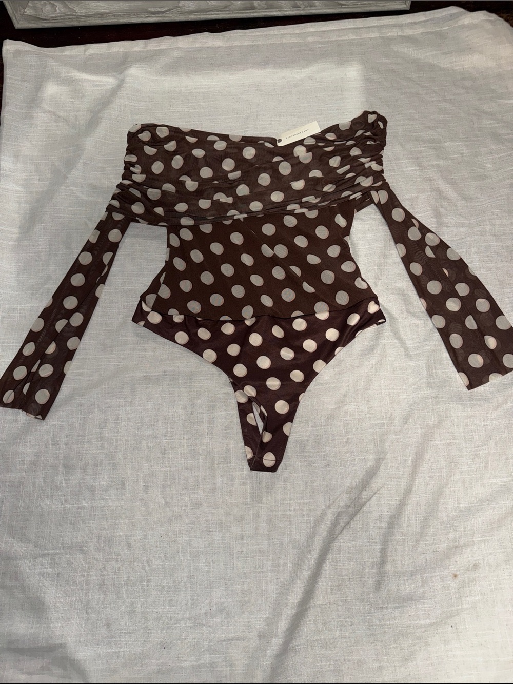 Anthropologie Brown and Cream Polka Dot Off-Shoulder Bodysuit